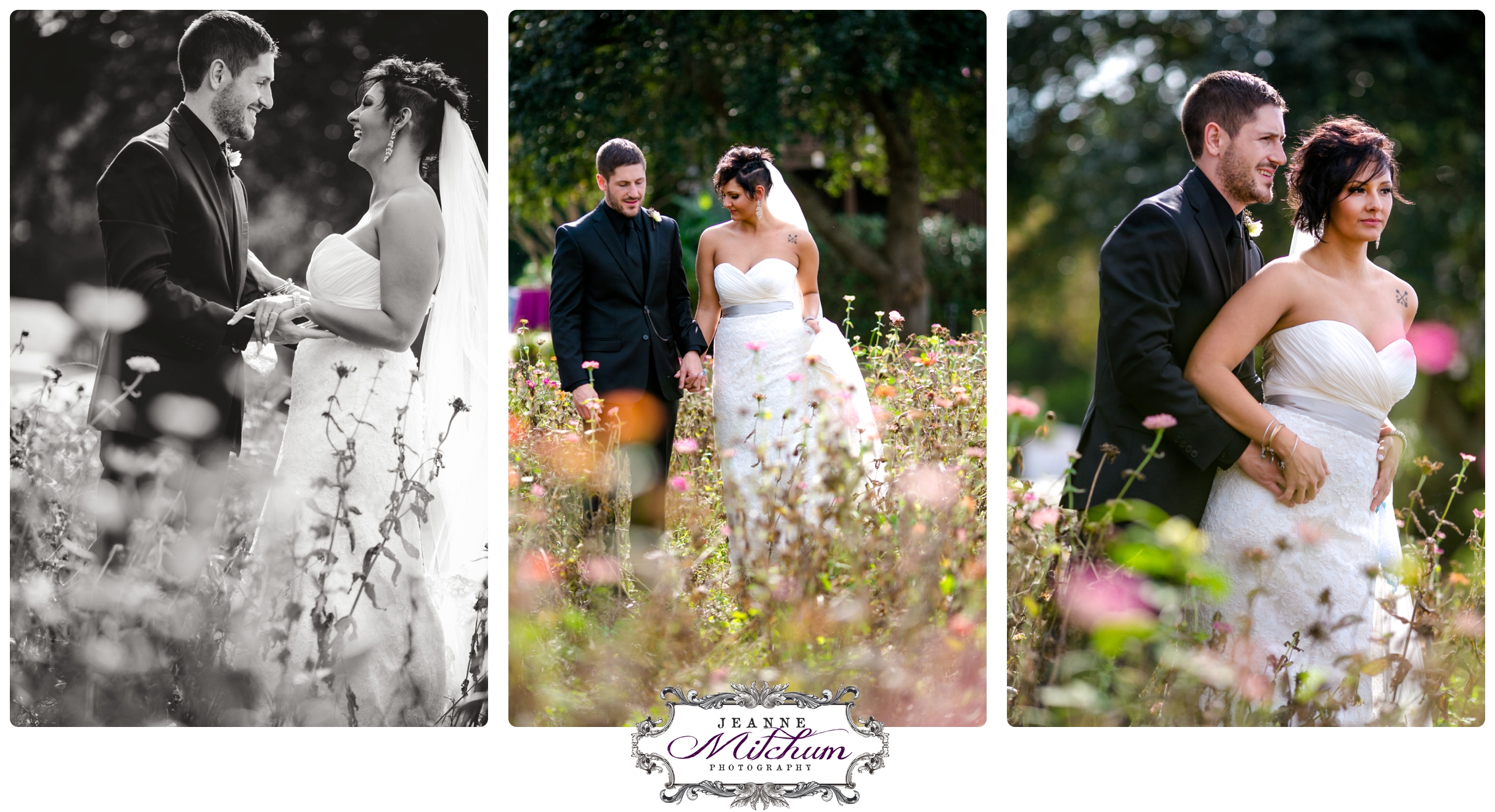 field of flowers bride and groom