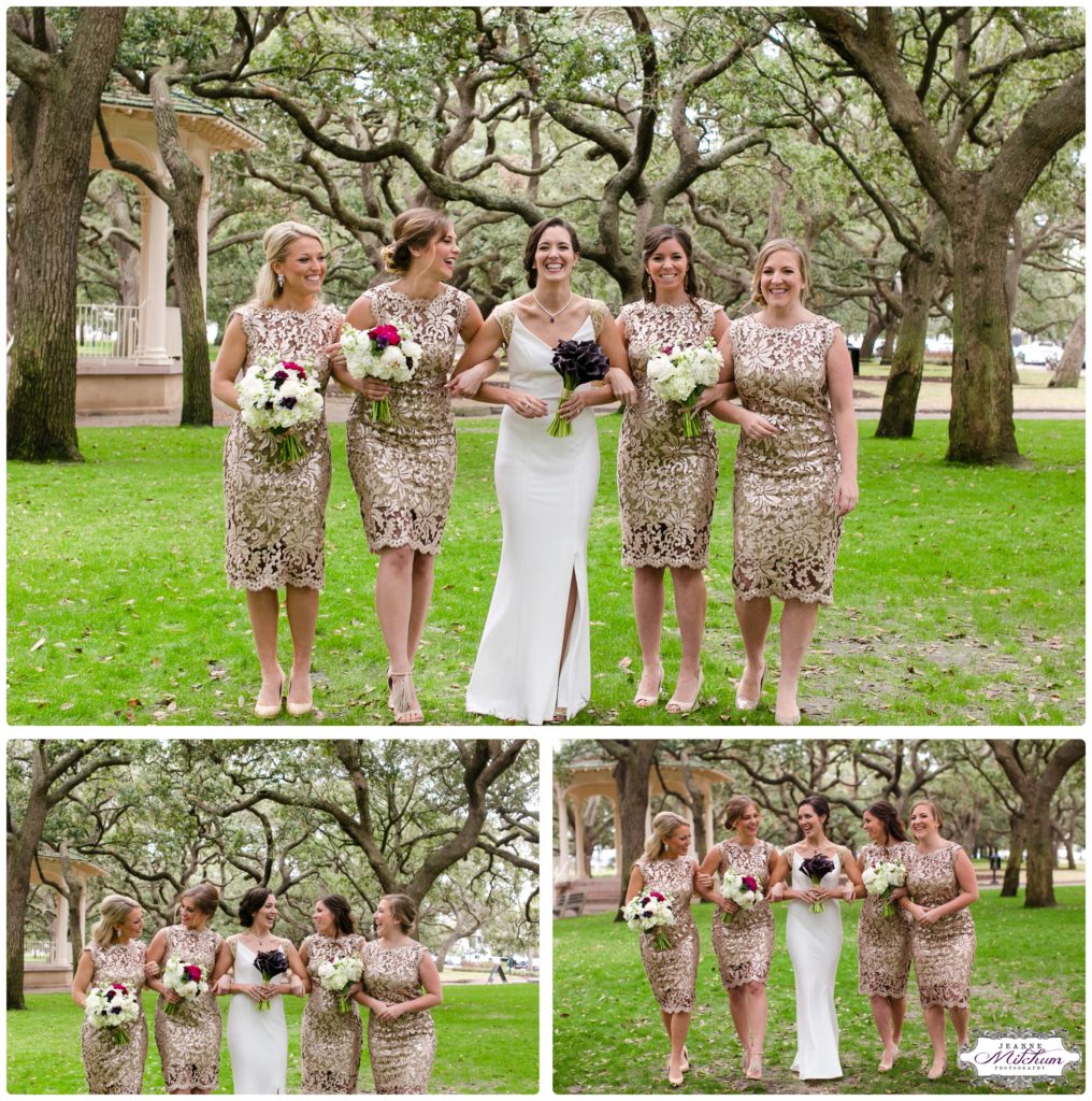 bridesmaids in gold dresses at white point gardens